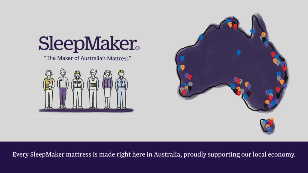 SleepMaker illustration with cartoon people and map of Australia