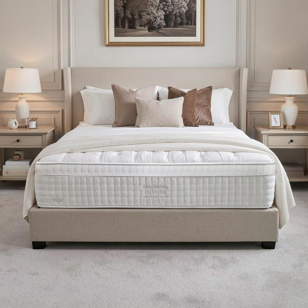 SleepMaker Luxury mattress with blankets and pillows in a bedroom setting