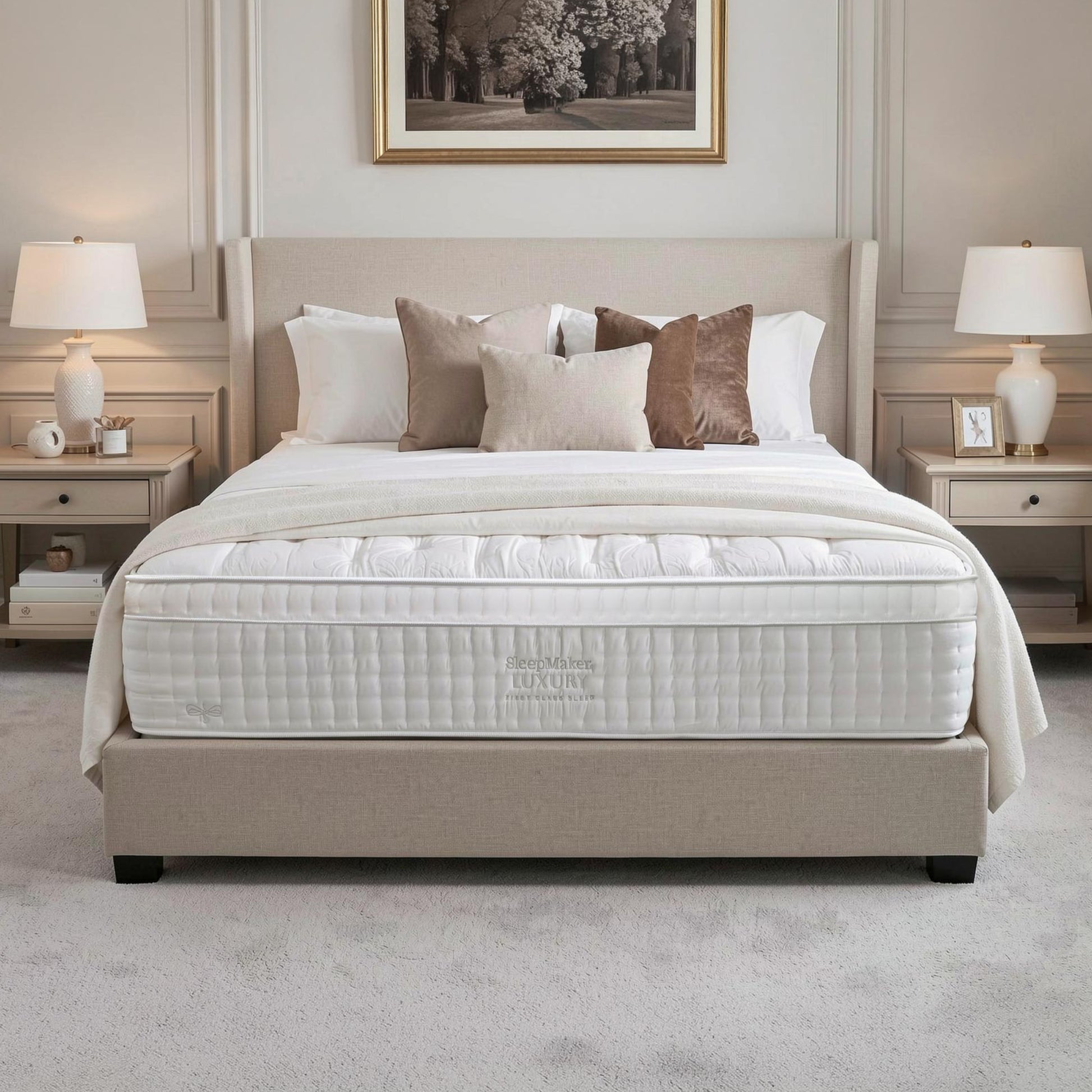 SleepMaker Luxury mattress with blankets and pillows in a bedroom setting