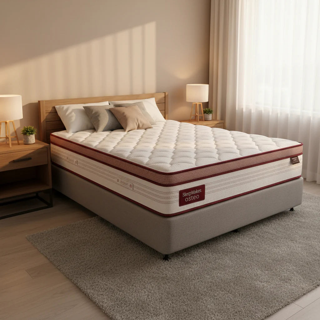 SleepMaker Osteo mattress with pillows in a bedroom setting