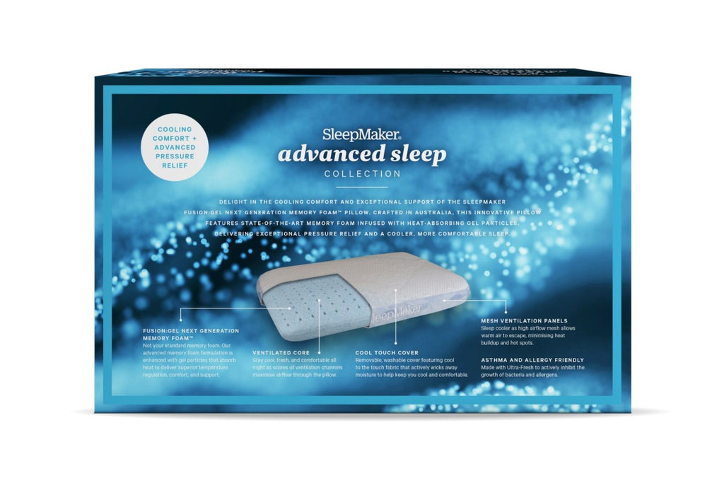 SleepMaker Advanced Sleep collection packaging with a blue background and text.