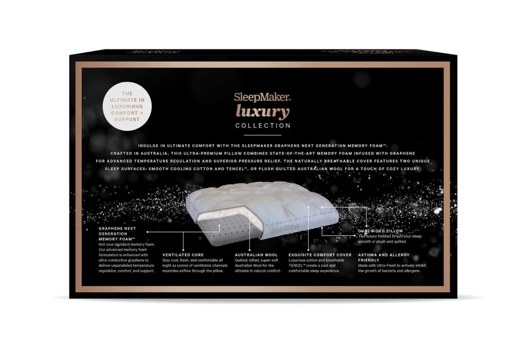 SleepMaker Luxury pillow packaging with product image and text on a black background