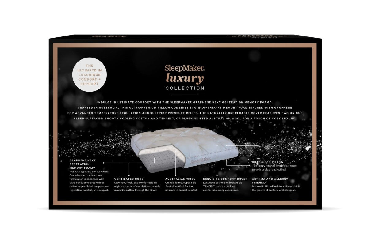 SleepMaker Luxury pillow packaging with product image and text on a black background