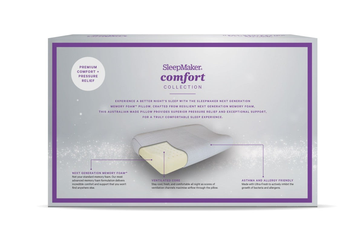SleepMaker Comfort Collection packaging with a white pillow on a white background