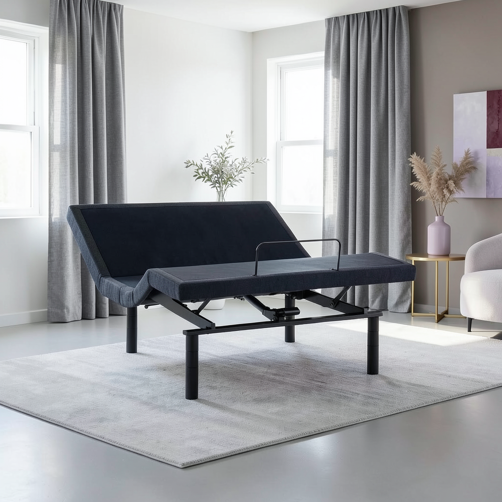 SleepMaker adjustable bed base in a modern living room with gray curtains and a rug