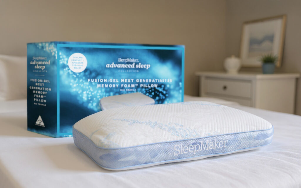 SleepMaker Advanced Sleep pillow with packaging on a bed in a bedroom setting