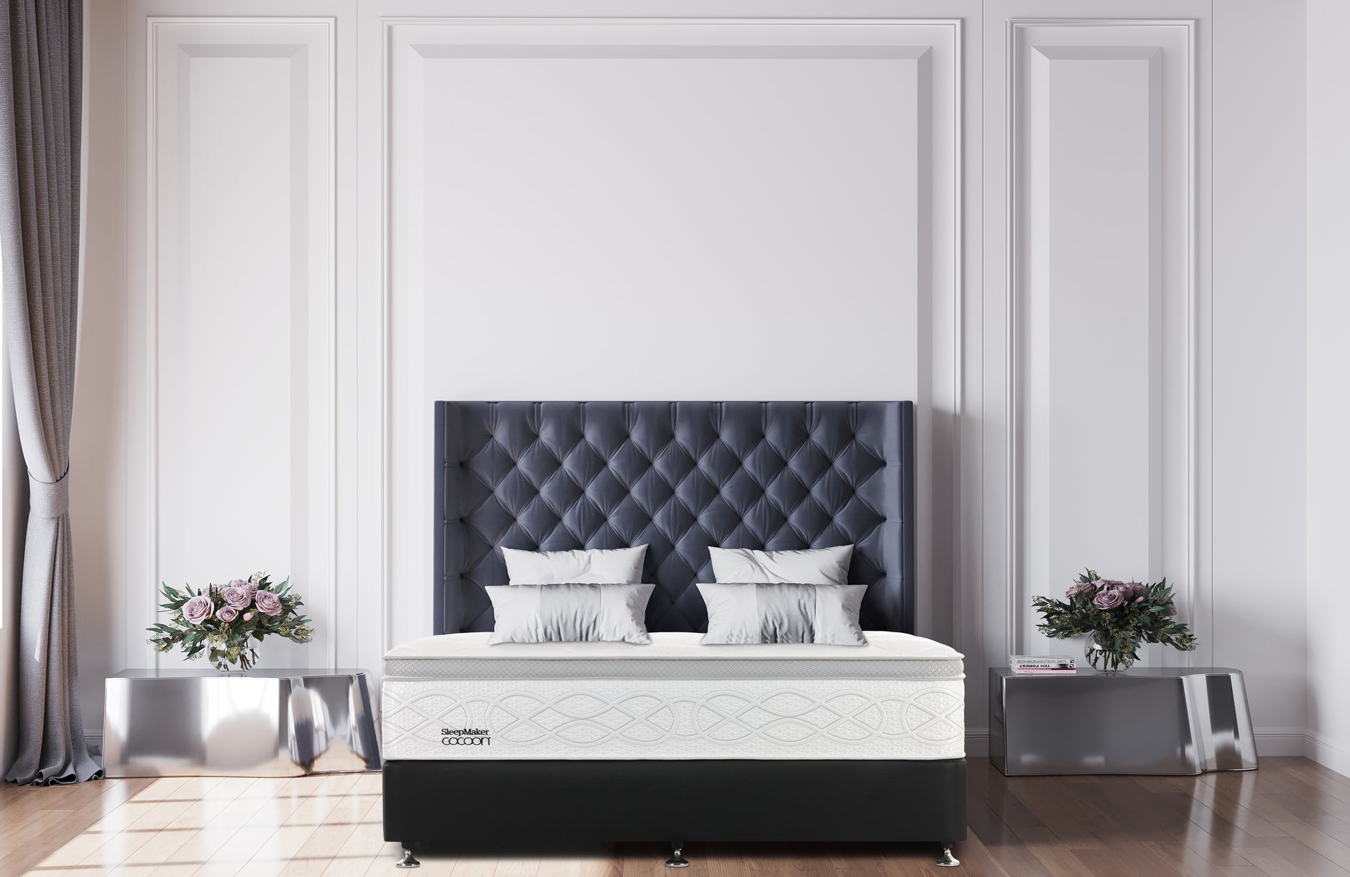 SleepMaker Cocoon mattress with pillows in a bedroom setting