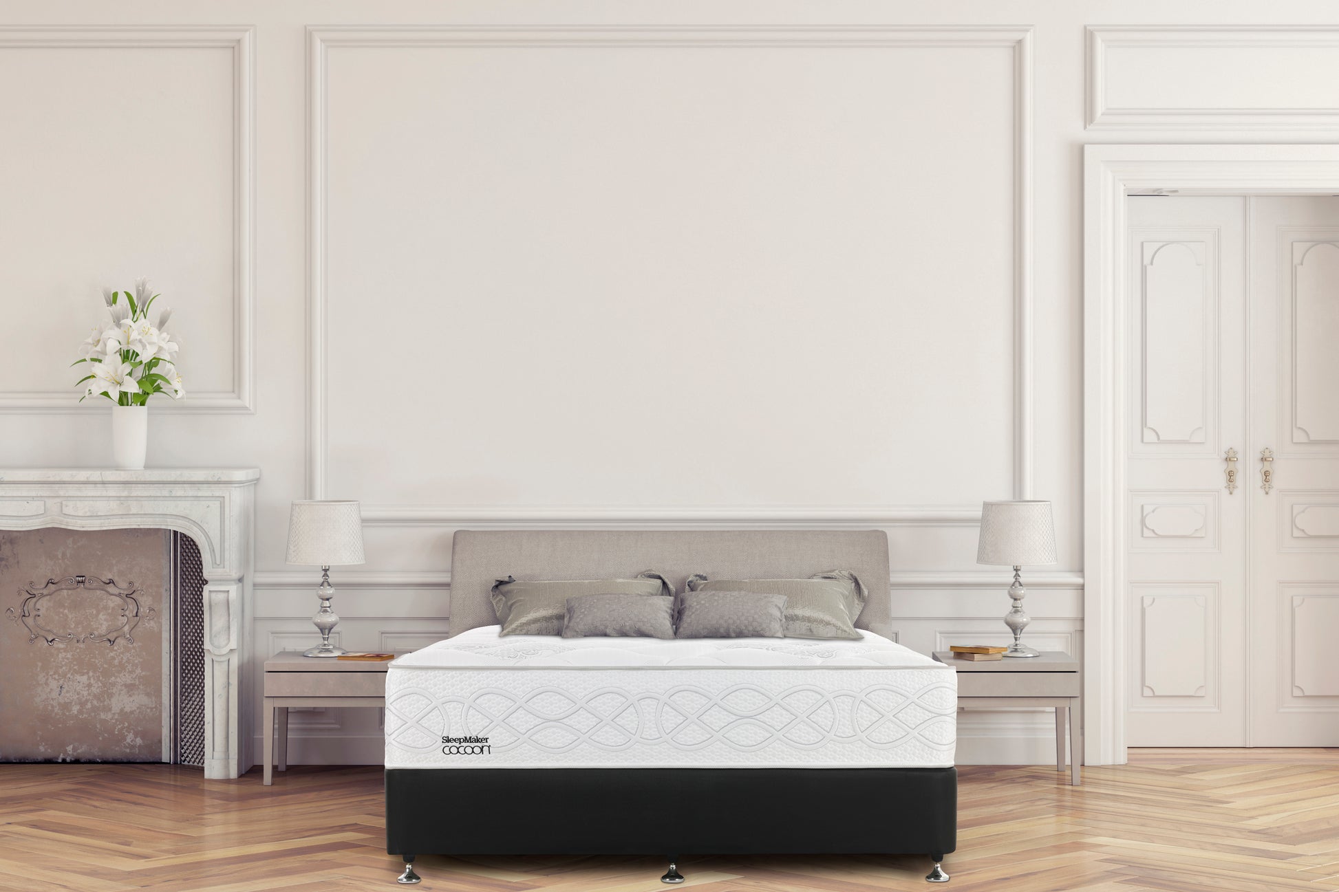 SleepMaker Cocoon mattress with pillows in a bedroom setting