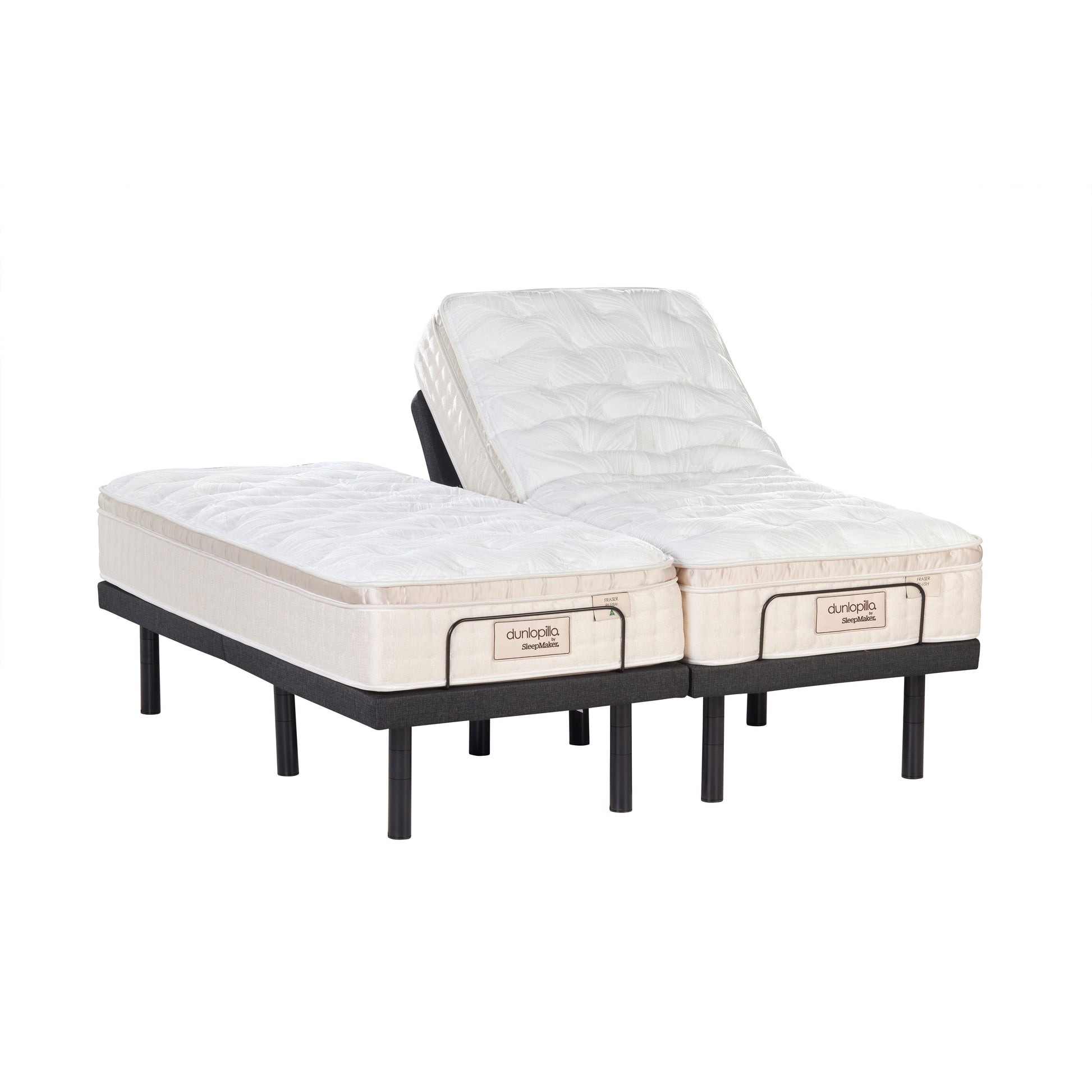 A Dunlopillo by SleepMaker mattress sitting on an adjustable bed frame on a white background