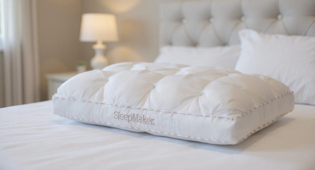 SleepMaker Luxury pillow on a bed in a bedroom setting