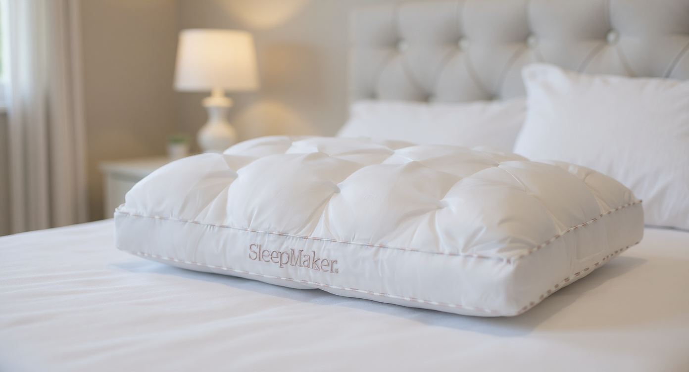 SleepMaker Luxury pillow on a bed in a bedroom setting
