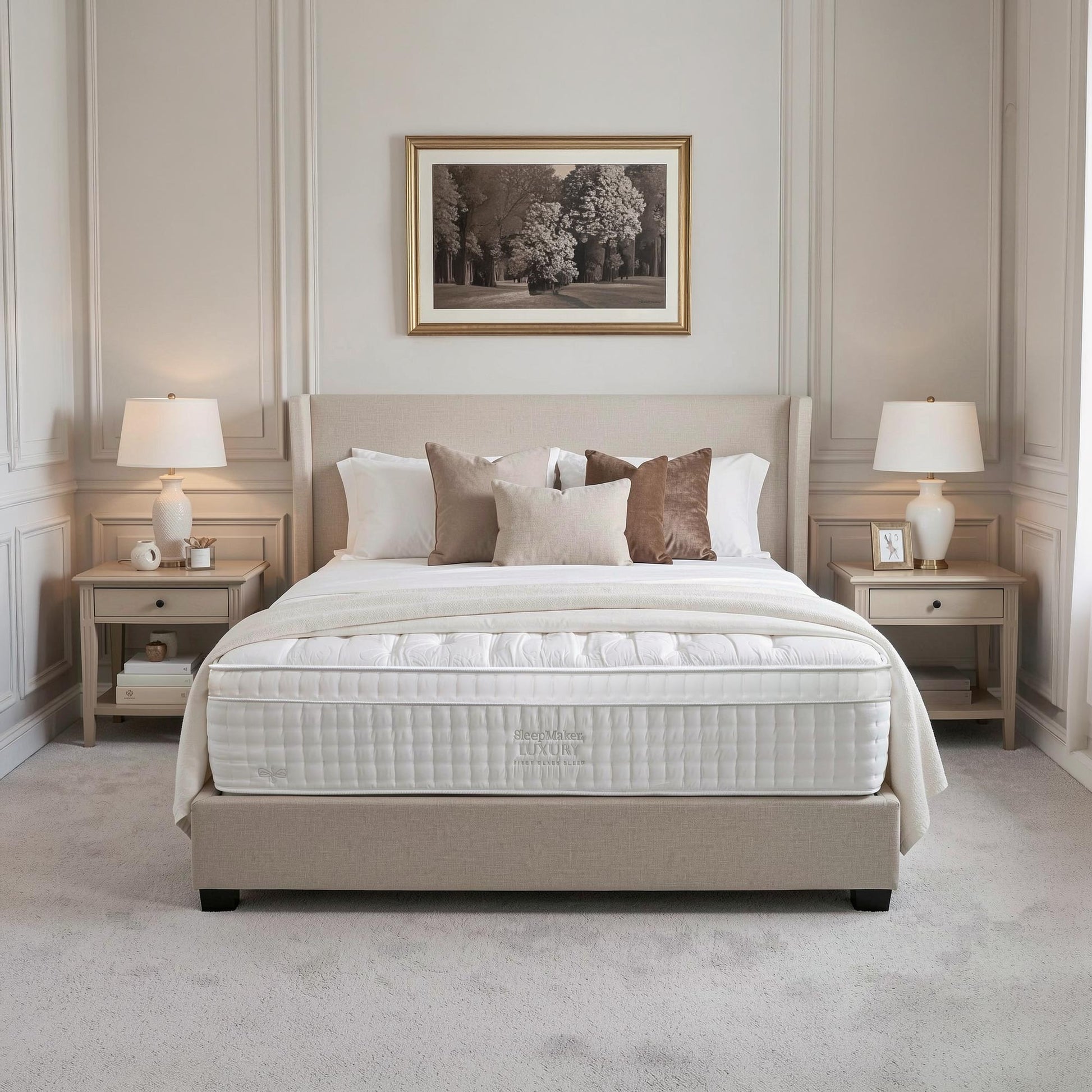 SleepMaker Luxury mattress with blankets and pillows in a bedroom setting