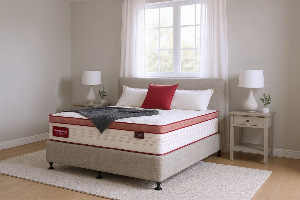 SleepMaker Osteo mattress with blankets and pillows in a bedroom setting
