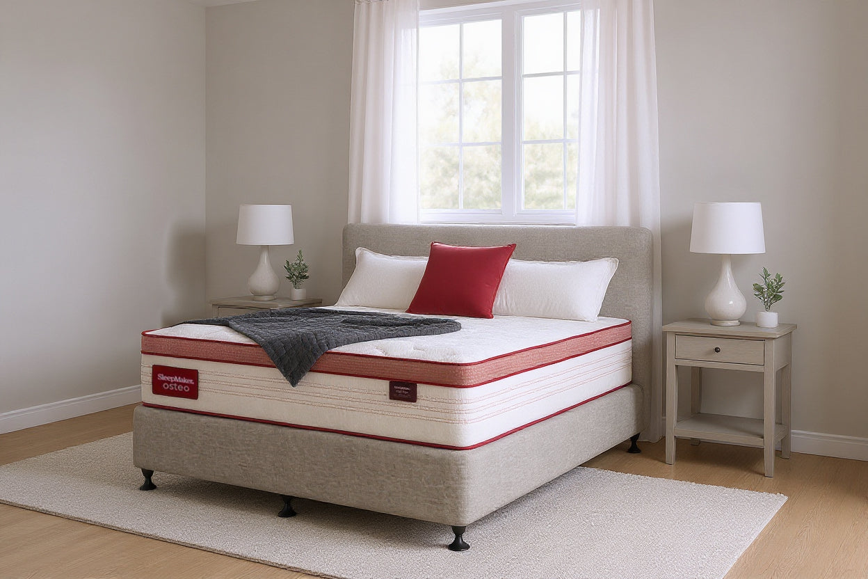 SleepMaker Osteo mattress with blankets and pillows in a bedroom setting