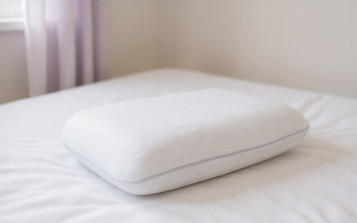 SleepMaker Comfort Collection pillow on a bed in a bedroom setting