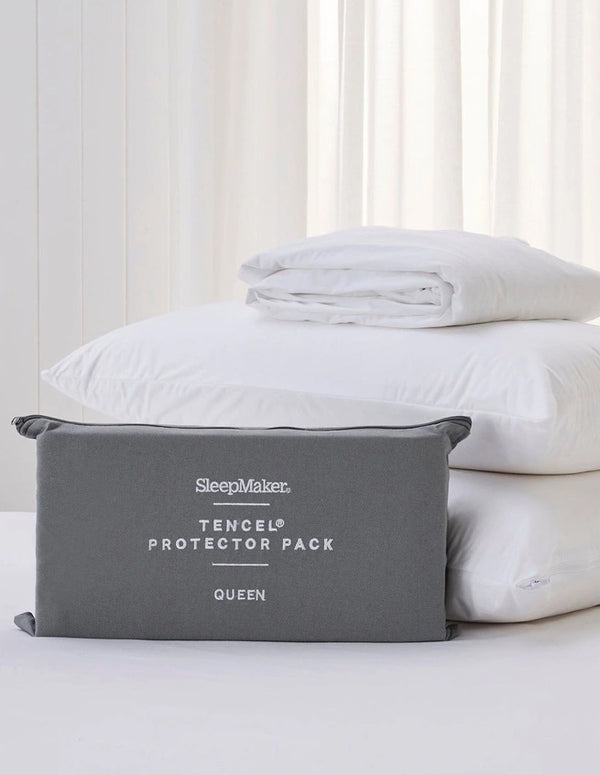 SleepMaker Tencel protector pack with bedding on a white background